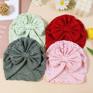 Handmade Polyester Baby Turban Hat With Large Bow Breathable Hollow Out Eyelet Infant Headwear For Newborn Toddler Cute Hair Accessories