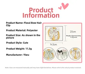 Floral print bow hair clip detail with dimensions 14.5cm by 20cm and 11.3g weight