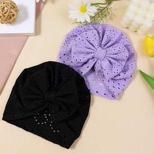 Breathable baby turban hats with large bows in black and lilac, hollow-out lace design