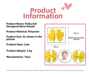 Detailed infographic showing dimensions and yellow polka dot bow hair clip on an infant
