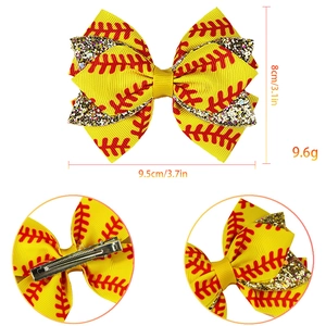 Handmade yellow baseball themed layered ribbon bow hair clip with silver alligator clip