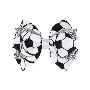 Handmade soccer themed multi-layer ribbon hair bow with glitter accents for kids