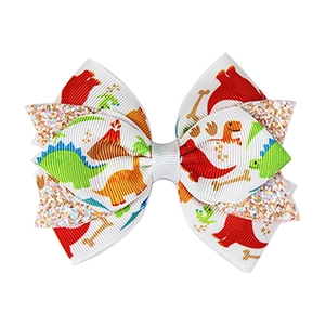 Handmade ribbed ribbon hair bow with colorful cartoon dinosaur patterns and gold sequins