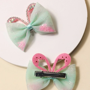 Barrette à cheveux nœud en tulle vert menthe avec oreilles de lapin et strass brillants