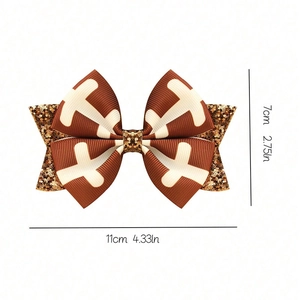 Nœud à cheveux football américain fait main avec ruban marron et paillettes dorées, 11cm