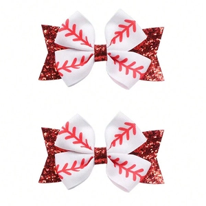 Nœuds à cheveux baseball faits main avec base pailletée rouge et rubans de sport