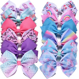 Kids Handmade Polyester Grosgrain Ribbon Bow Hair Clips Cartoon Unicorn Mermaid Printed Bowknot Cute Fashion Hair Accessories