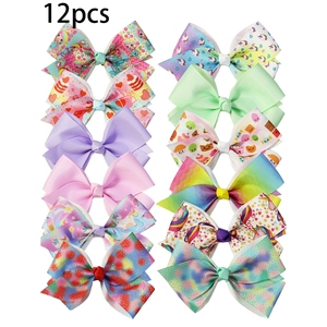 12pcs set of handmade grosgrain ribbon hair bows with cute unicorn and strawberry prints