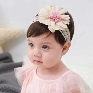 Soft baby lace headband with large pink and beige fabric flower decoration for infants