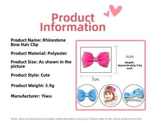 Detail view of 7x4cm handmade pink mesh bow hair clip with sparkling crystals for girls
