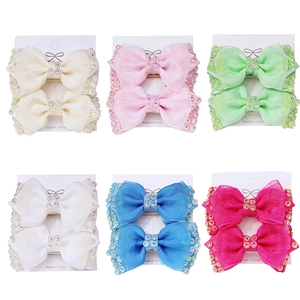 Handmade Rhinestone Mesh Bow Hair Clips Set For Kids Ribbon Butterfly Hair Pins Sweet Mesh Tulle Hair Barrettes Accessories