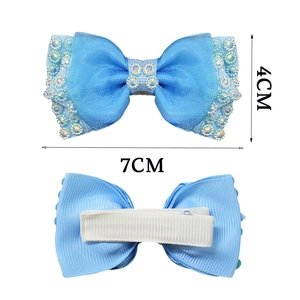 Light blue bow hair clip with rhinestones and pearl mesh, 7cm handmade kids hair pin