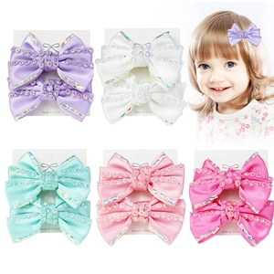 Barrettes à Cheveux Nœud Papillon en Strass Brillants Faits à la Main pour Enfants Filles Nœud en Ruban Pinces Bec de Canard Accessoires de Coiffure