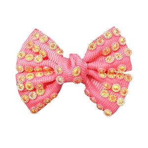 Pink handmade bow hair clip with sparkling rhinestones and ribbon for children and girls