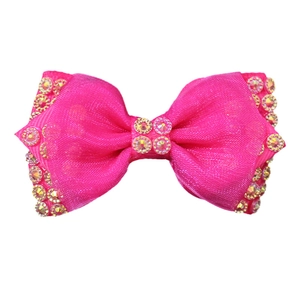 Handmade rose red mesh bow hair clip with sparkling rhinestones and pearls for children