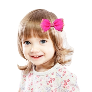 Sweet pink organza bow hair clip for girls with sparkling golden bead embellishments