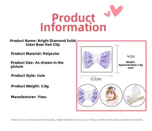 Detail view of purple rhinestone bow hair clip with pearls and product size dimensions