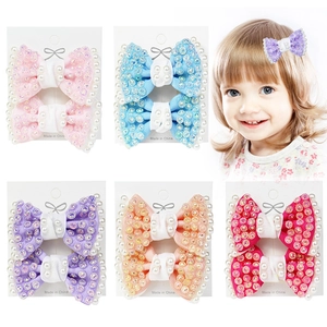 Handmade Bow Hair Clips With Faux Artificial Pearl Rhinestone For Kids Girls Sweet Polyester Ribbon Duckbill Clips Hair Accessories
