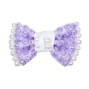 Handmade purple ribbon bow hair clip with luxury crystals and white pearls for girls