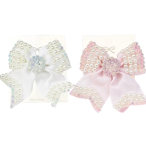 Handmade bow hair clips set in white and pink with pearls and sparkling rhinestones