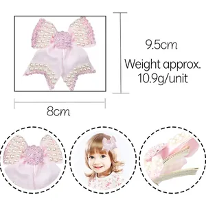 Pink ribbon bow hair clip with pearls and rhinestones 8x9.5cm size details