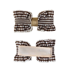 Handmade brown gingham fabric bow hair clips with fully fabric-wrapped safety duckbill clips