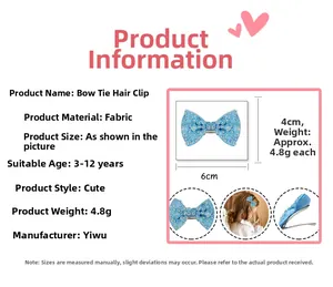 Detail view of light blue sequined bow hair clip showing 6cm x 4cm size and 4.8g weight