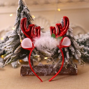 Festive red reindeer antler headband with white faux fur and holly leaf details