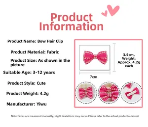 Pink rhinestone bow hair clip for girls with size details and fabric material view