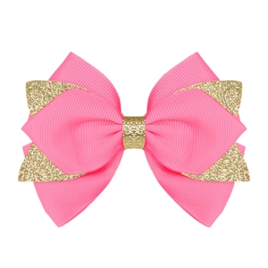 Nœud pour cheveux en ruban gros-grain rose avec paillettes dorées pour filles
