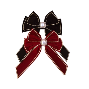 French Retro Large Velvet Bow Hair Clip For Women Elegant Faux Artificial Pearl Rhinestone Spring Clip Hair Accessories Headwear