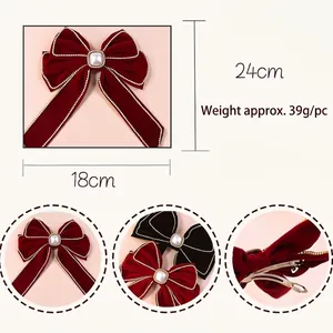 Velvet bow hair clip with faux pearl and gold beads, 18x24cm spring hairpin for women