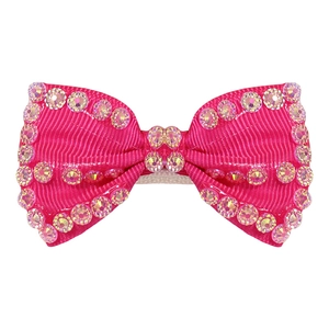 Pink ribbon bow hair clip for girls with sparkling colorful rhinestones on white background