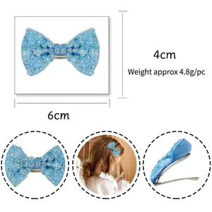 Sparkly light blue rhinestone bow hair clip for children with size and weight specs