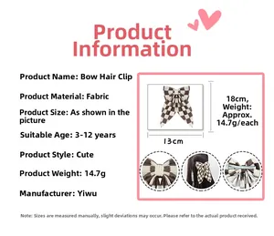 Barrette à cheveux avec nœud en tissu à carreaux marron, 18x13cm, pour filles et mode