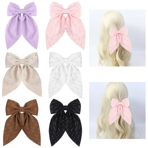 Handmade Satin Bow Hair Clip With Rhinestones Large Sweet Streamer Duckbill Clip For Women Girls Elegant Hair Accessories
