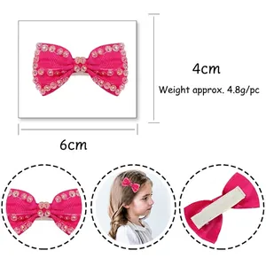 Handmade pink bow hair clip for girls with rhinestones and ribbon detail