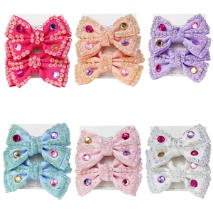 Lot de 6 barrettes à nœuds faits main avec strass en couleurs vives sur carte de support