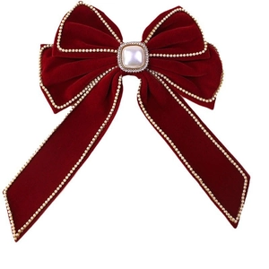 Elegant burgundy velvet bow hair clip with gold bead trim and pearl rhinestone center