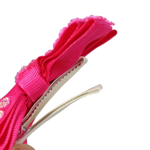 Barrette à cheveux nœud rose rouge fait main avec paillettes et pince crocodile pour enfant