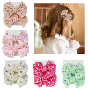 Handmade Ribbon Bow Hair Clip Star Rhinestone Duckbill Clip Sweet Sparkling Hair Accessories For Girls Fashion Jewelry