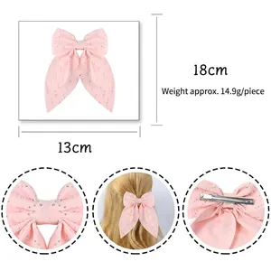 Pink handmade bow hair clip with rhinestones, 18x13cm elegant duckbill hair accessory