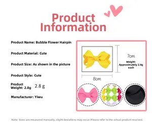 Detail showing the 8cm x 7cm size and 2.8g weight of ribbon bubble flower hair clip
