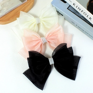 Three-piece large layered organza bow hair clips with pearl centers in white, pink and black