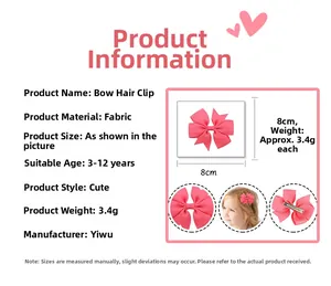 Pink ribbon bow hair clip detail with dimensions 8cm and metal alligator clip view