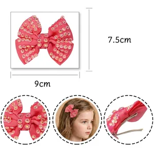 Pink rhinestone bow hair clip 9x7.5cm with 9.9g weight for sweet daily styling