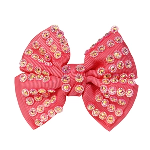 Pink grosgrain ribbon bow hair clip with sparkling rhinestones and all-inclusive duckbill clip