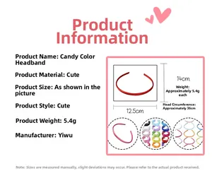 Tableau des tailles pour serre-tête enfant couleur bonbon de dimensions 14cm x 12,5cm et 5,4g