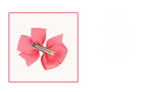 Detail view of a pink grosgrain ribbon bow hair clip with a sturdy gold metal alligator base