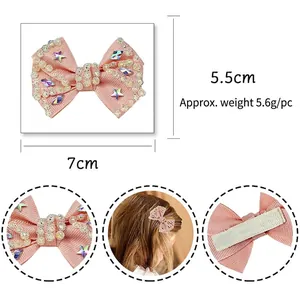 Pink ribbon bow hair clip with sparkling rhinestones and star gems, 7cm handmade hairpin